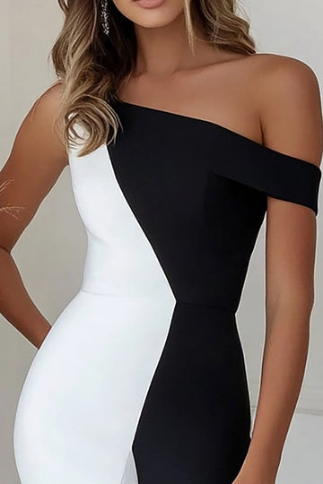 Mermaid One Shoulder Black And White Ruffled Formal Dress